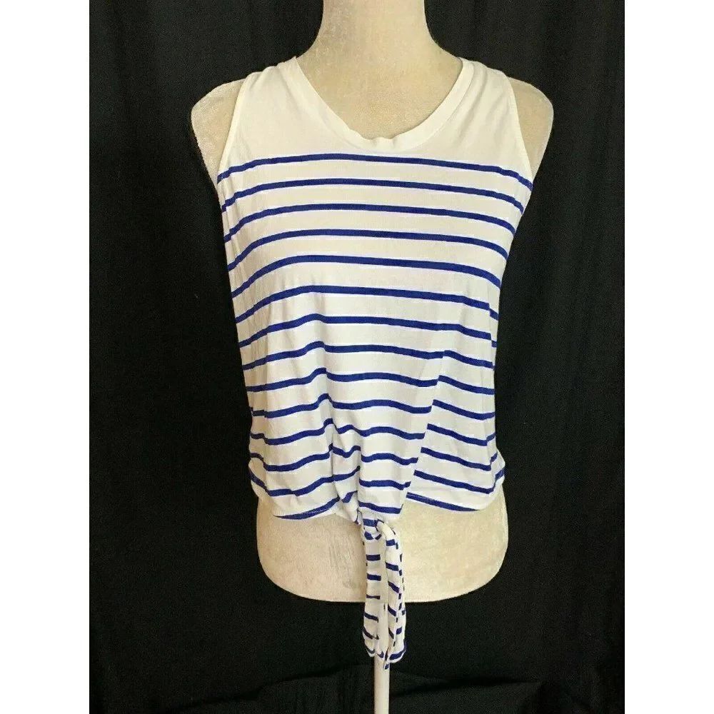 Zara Womens Blue White Striped Crew Neck Tank Top Cotton Large